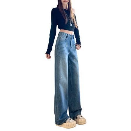 FA55965# 星星烫钻牛仔裤女新款春季设计感高腰直筒小个子阔腿裤 服裝批發女裝批發服飾貨源