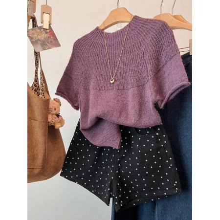 FA55966# 法式温柔纯色卷边针织短袖毛衣女春季设计感纹理领口修身软糯上衣 服裝批發女裝批發服飾貨源