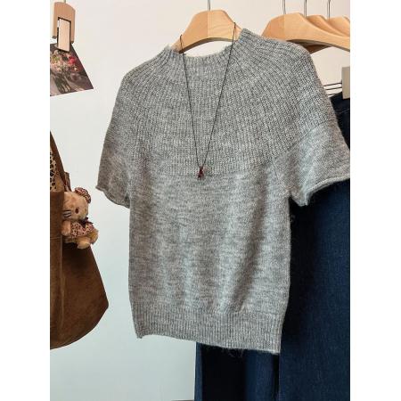 FA55966# 法式温柔纯色卷边针织短袖毛衣女春季设计感纹理领口修身软糯上衣 服裝批發女裝批發服飾貨源