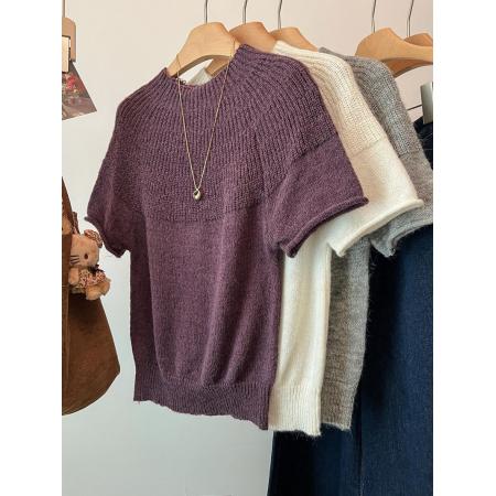 FA55966# 法式温柔纯色卷边针织短袖毛衣女春季设计感纹理领口修身软糯上衣 服裝批發女裝批發服飾貨源