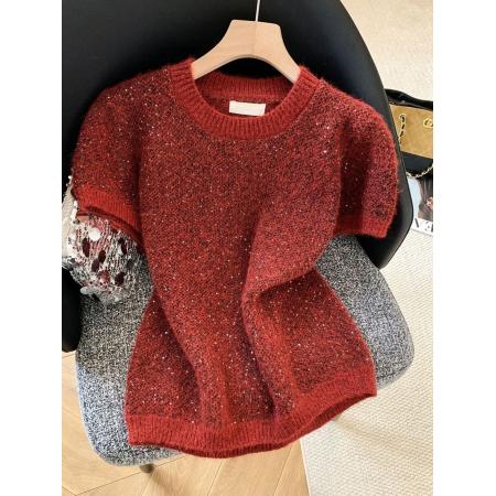 FA55967# 氛围亮片闪闪泡泡袖套头针织毛衣女春洋气外叠穿百搭软糯短袖上衣 服裝批發女裝批發服飾貨源