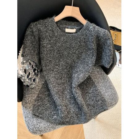 FA55967# 氛围亮片闪闪泡泡袖套头针织毛衣女春洋气外叠穿百搭软糯短袖上衣 服裝批發女裝批發服飾貨源