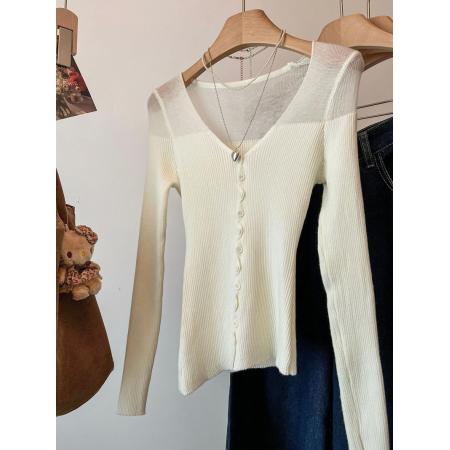 FA55968# 收腰显瘦大V领长袖针织开衫女基础款软糯坑条单纯上衣打底外穿 服裝批發女裝批發服飾貨源