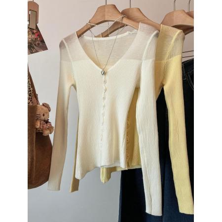 FA55968# 收腰显瘦大V领长袖针织开衫女基础款软糯坑条单纯上衣打底外穿 服裝批發女裝批發服飾貨源