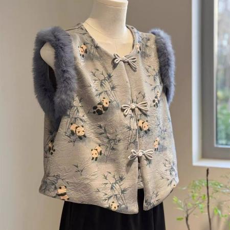 FA55979# 高级感显高显白减龄新中式小马甲仿兔毛毛女短款国风秋冬坎肩加绒 服裝批發女裝批發服飾貨源