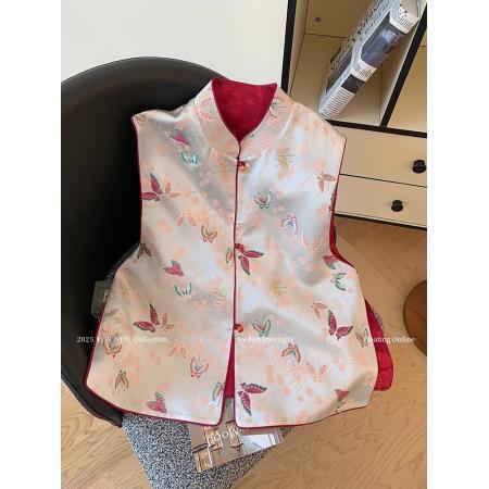 FA55980# 新中式立领蝴蝶印花马甲女春秋季新款气质穿国风坎肩背心上衣 服裝批發女裝批發服飾貨源