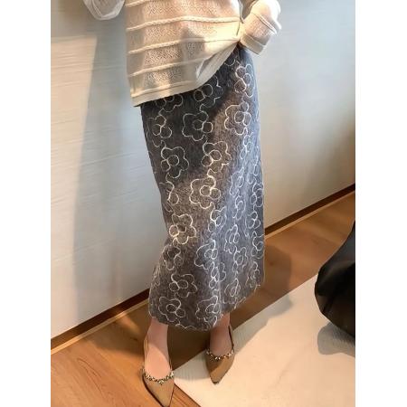 FA55982# 复古甜美花朵毛呢提花刺绣半身裙秋冬加厚厚款毛毛中长款A字裙 服裝批發女裝批發服飾貨源