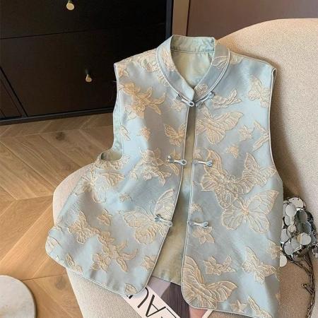 FA55985# 蓝色蝴蝶刺绣马甲女春季新款新中式高端气质盘扣国风无袖背心 服裝批發女裝批發服飾貨源