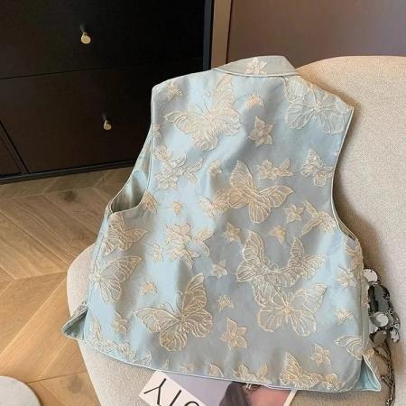 FA55985# 蓝色蝴蝶刺绣马甲女春季新款新中式高端气质盘扣国风无袖背心 服裝批發女裝批發服飾貨源