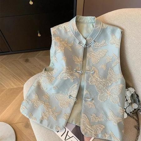 FA55985# 蓝色蝴蝶刺绣马甲女春季新款新中式高端气质盘扣国风无袖背心 服裝批發女裝批發服飾貨源
