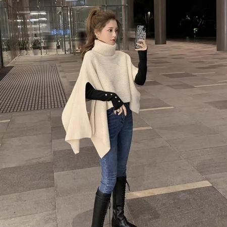 FA55988# 秋冬新款慵懒风高领披肩针织衫女设计感小众百搭斗篷式毛衣小外套 服裝批發女裝批發服飾貨源
