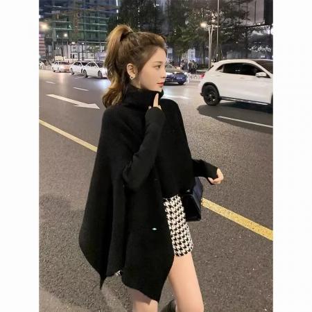 FA55988# 秋冬新款慵懒风高领披肩针织衫女设计感小众百搭斗篷式毛衣小外套 服裝批發女裝批發服飾貨源