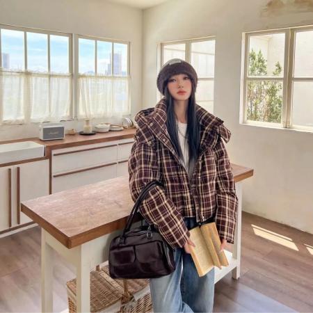 FA55991# 韩系格子冬款棉服短款冬季小个子新款加厚保暖棉衣外套 服裝批發女裝批發服飾貨源