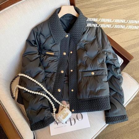 FA55997# 高级感黑色翻领编织拼接棉服女秋冬新款复古宽松保暖短款外套 服裝批發女裝批發服飾貨源