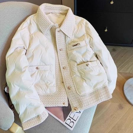 FA55997# 高级感黑色翻领编织拼接棉服女秋冬新款复古宽松保暖短款外套 服裝批發女裝批發服飾貨源