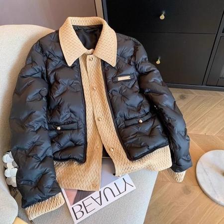 FA55997# 高级感黑色翻领编织拼接棉服女秋冬新款复古宽松保暖短款外套 服裝批發女裝批發服飾貨源