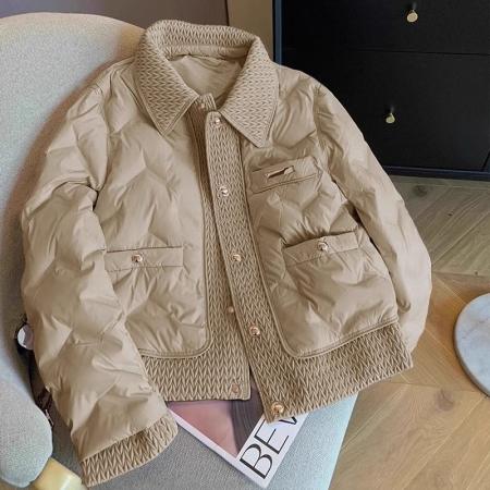 FA55997# 高级感黑色翻领编织拼接棉服女秋冬新款复古宽松保暖短款外套 服裝批發女裝批發服飾貨源