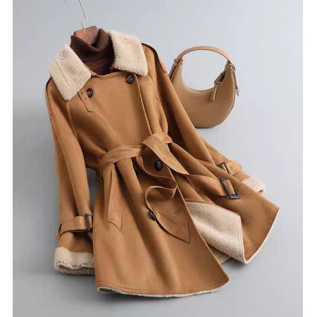 FA56000# 颗粒羊剪绒中长款外套女秋冬新款高级麂皮风衣羊羔毛皮毛一体大衣 服裝批發女裝批發服飾貨源