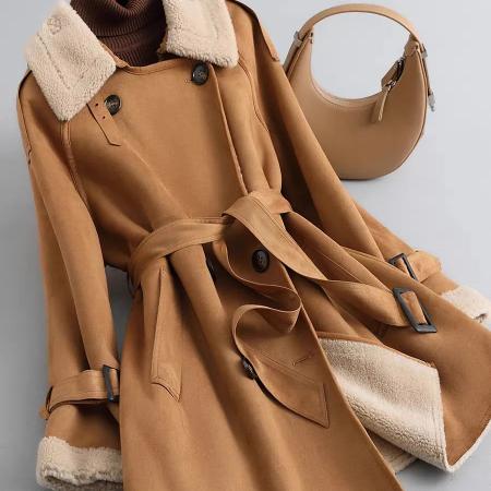 FA56000# 颗粒羊剪绒中长款外套女秋冬新款高级麂皮风衣羊羔毛皮毛一体大衣 服裝批發女裝批發服飾貨源