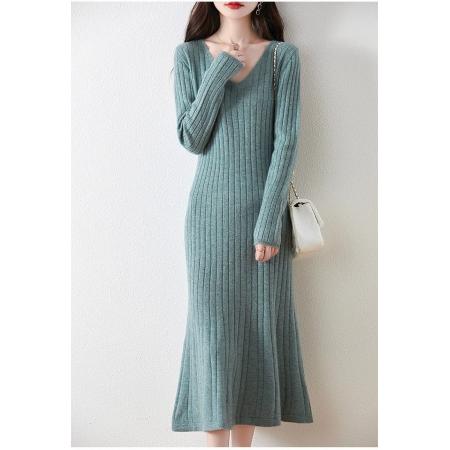 FA56003# 韩版秋冬新款显气质洋气收腰连衣裙修身打底针织毛衣A字裙长裙 服裝批發女裝批發服飾貨源
