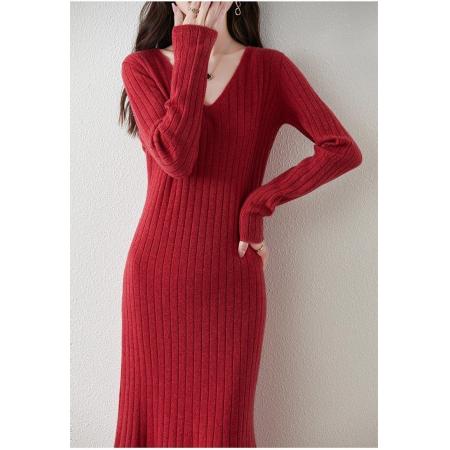 FA56003# 韩版秋冬新款显气质洋气收腰连衣裙修身打底针织毛衣A字裙长裙 服裝批發女裝批發服飾貨源