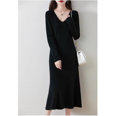 FA56003# 韩版秋冬新款显气质洋气收腰连衣裙修身打底针织毛衣A字裙长裙 服裝批發女裝批發服飾貨源
