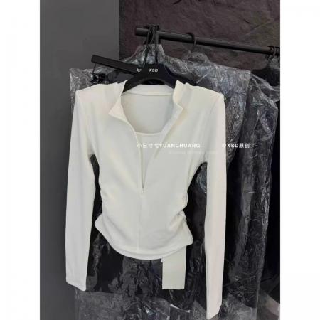 FA56004# 假两件秋冬季韩版百搭时尚百搭纯色显瘦拉链上衣 服裝批發女裝批發服飾貨源