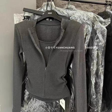 FA56004# 假两件秋冬季韩版百搭时尚百搭纯色显瘦拉链上衣 服裝批發女裝批發服飾貨源