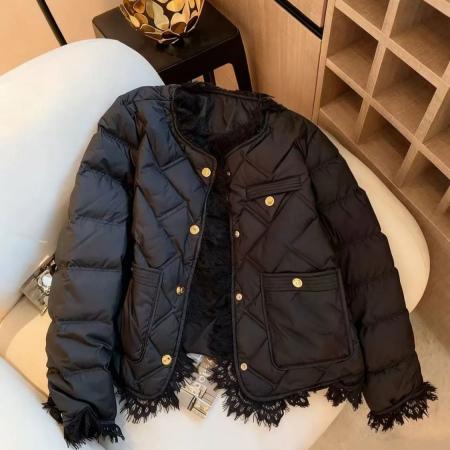 FA56005# 欧洲站时尚设计感蕾丝拼接花边长袖香风菱格棉服 服裝批發女裝批發服飾貨源