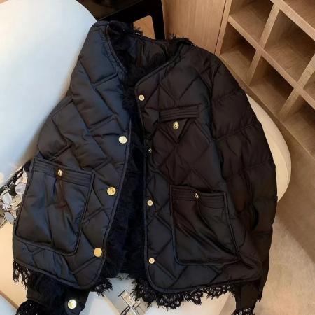 FA56005# 欧洲站时尚设计感蕾丝拼接花边长袖香风菱格棉服 服裝批發女裝批發服飾貨源