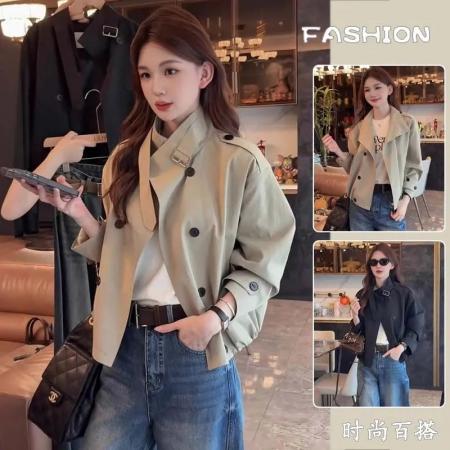 FA56008# 英伦风双排扣短款风衣外套女春秋新款休闲宽松小个子百搭上衣 服裝批發女裝批發服飾貨源