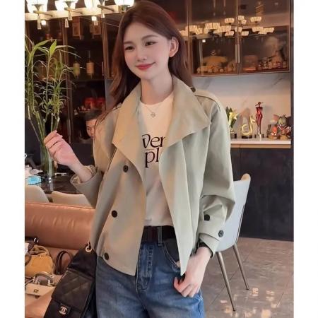 FA56008# 英伦风双排扣短款风衣外套女春秋新款休闲宽松小个子百搭上衣 服裝批發女裝批發服飾貨源