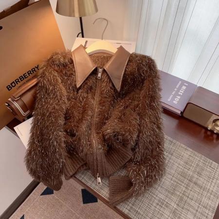 FA56012# 秋冬新款时尚水貂绒法式软糯毛毛感皮领设计感针织开衫毛衣女 服裝批發女裝批發服飾貨源