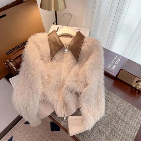 FA56012# 秋冬新款时尚水貂绒法式软糯毛毛感皮领设计感针织开衫毛衣女 服裝批發女裝批發服飾貨源