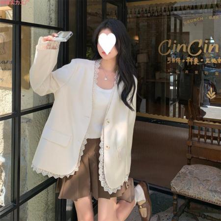 FA56013# 小香风西装外套蕾丝拼接女春秋新款百搭韩系温柔 服裝批發女裝批發服飾貨源