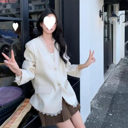 FA56013# 小香风西装外套蕾丝拼接女春秋新款百搭韩系温柔 服裝批發女裝批發服飾貨源