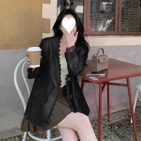 FA56013# 小香风西装外套蕾丝拼接女春秋新款百搭韩系温柔 服裝批發女裝批發服飾貨源
