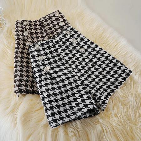 FA56015# 千鸟格字毛呢短裤女秋冬款大码A字裤小香风高腰阔腿裤复古外穿裤 服裝批發女裝批發服飾貨源