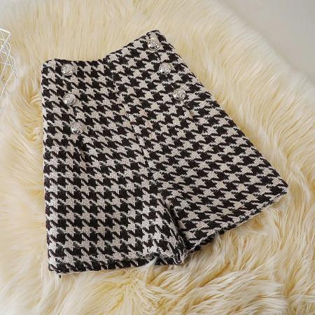 FA56015# 千鸟格字毛呢短裤女秋冬款大码A字裤小香风高腰阔腿裤复古外穿裤 服裝批發女裝批發服飾貨源