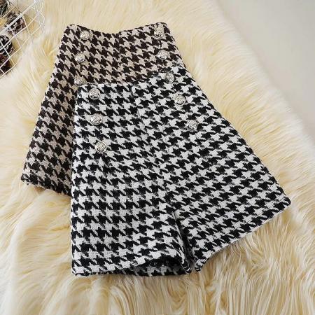 FA56015# 千鸟格字毛呢短裤女秋冬款大码A字裤小香风高腰阔腿裤复古外穿裤 服裝批發女裝批發服飾貨源
