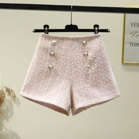 FA56016# 秋冬季毛呢短裤女高腰小香风排扣格子阔腿裤显瘦小个子A字休闲裤 服裝批發女裝批發服飾貨源