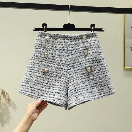 FA56016# 秋冬季毛呢短裤女高腰小香风排扣格子阔腿裤显瘦小个子A字休闲裤 服裝批發女裝批發服飾貨源