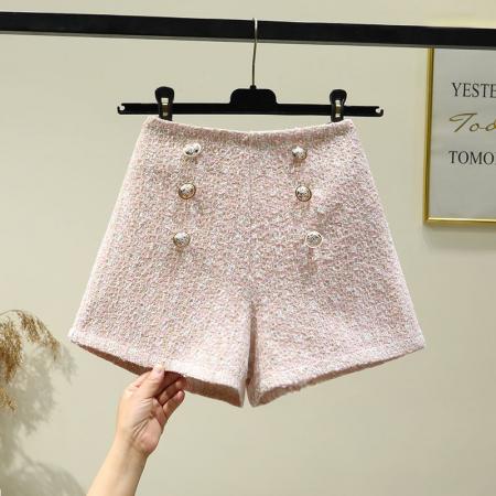 FA56016# 秋冬季毛呢短裤女高腰小香风排扣格子阔腿裤显瘦小个子A字休闲裤 服裝批發女裝批發服飾貨源