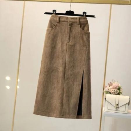 FA56018# 秋冬季港风复古灯芯绒半身裙女高腰显瘦开叉A字中长裙包臀一步裙 服裝批發女裝批發服飾貨源