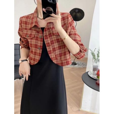 FA56019# 秋装短款复古格子衬衫外套女春秋款新款气质高级感长袖上衣 服裝批發女裝批發服飾貨源