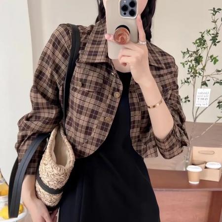 FA56019# 秋装短款复古格子衬衫外套女春秋款新款气质高级感长袖上衣 服裝批發女裝批發服飾貨源