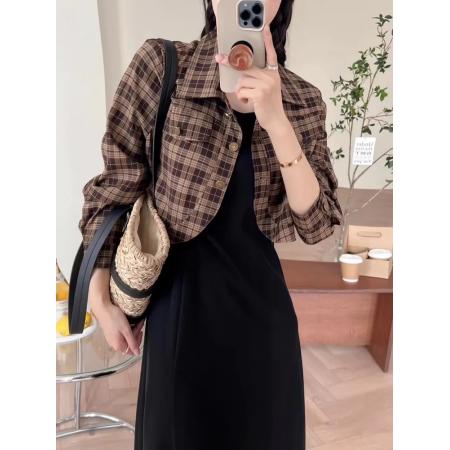 FA56019# 秋装短款复古格子衬衫外套女春秋款新款气质高级感长袖上衣 服裝批發女裝批發服飾貨源