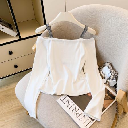 FA56022# 小猫印花一字肩洋气纯欲风长袖T恤女上衣修身短款辣妹 服裝批發女裝批發服飾貨源