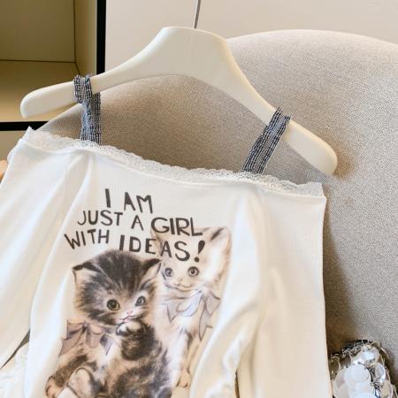 FA56022# 小猫印花一字肩洋气纯欲风长袖T恤女上衣修身短款辣妹 服裝批發女裝批發服飾貨源