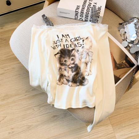 FA56022# 小猫印花一字肩洋气纯欲风长袖T恤女上衣修身短款辣妹 服裝批發女裝批發服飾貨源